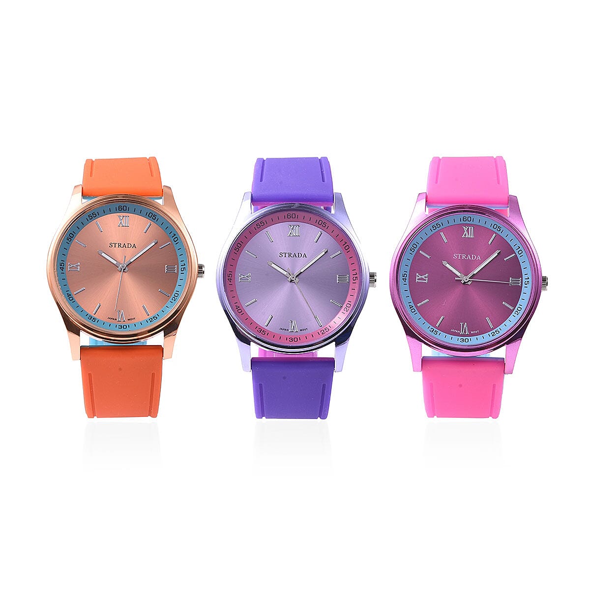 Set of 3 STRADA Japanese Movement Multi Color Watches with Silicone Strap & Stainless Steel Back