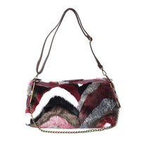 Burgundy, Multi Color Chevron Acrylic Faux Fur Boho Tote Bag (18x10x4) with Detachable Shoulder Strap and Standing Studs