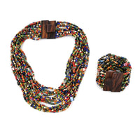 Red Seed Bead and Wooden Buckle Stretch Bracelet and Multi Strand Necklace 18 Inch