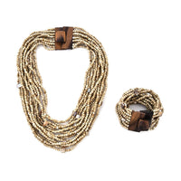 Black Seed Beaded Multi-Strand Necklace 20 Inches and Stretch Bracelet with Wooden Buckle