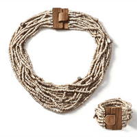 Black Seed Beaded Multi-Strand Necklace 20 Inches and Stretch Bracelet with Wooden Buckle