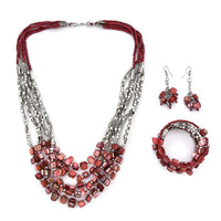 Red Shell and Seed Bead Earrings and Wrap Bracelet and Multi Strand Necklace 22 Inches in Stainless Steel