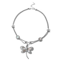Creature Couture - Abalone Shell and Austrian Crystal Dragonfly Necklace 20-22 Inches in Silvertone