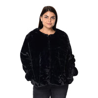 Black Faux Fur Collarless Winter Coat (S, Polyester)
