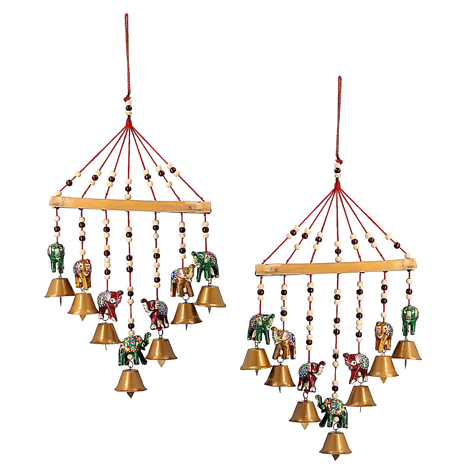 Set of 2 Handcrafted Wooden Elephant Wind Chime and Big Iron bell