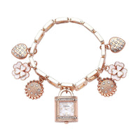 STRADA Japanese Movement White Austrian Crystal Multi-charm Bracelet Watch in Rose Gold Tone (up to 8 Inches)
