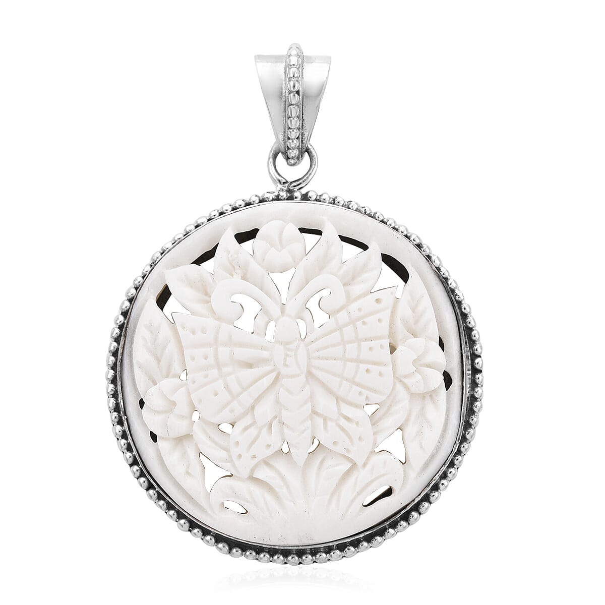 Bali Legacy Carved Bone Butterfly Pendant without Chain in Sterling Silver 9.55 Grams