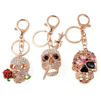 Set of 3 Multi Color Austrian Crystal, Enamelled Triple Skull Design Keychains in Goldtone