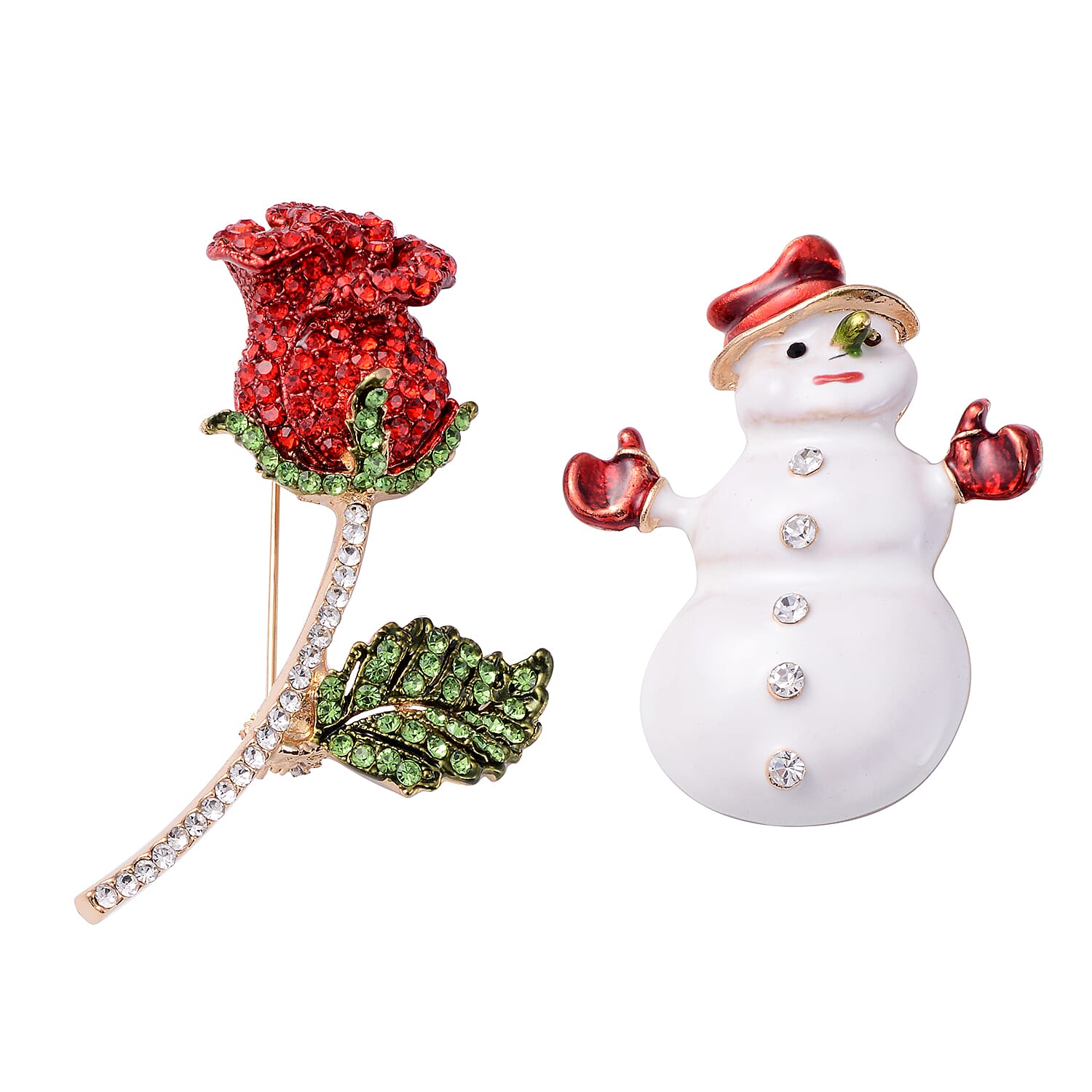 Set of 2 Multi Color Austrian Crystal Enameled Snowman and Rose Brooches or Pendants in Goldtone
