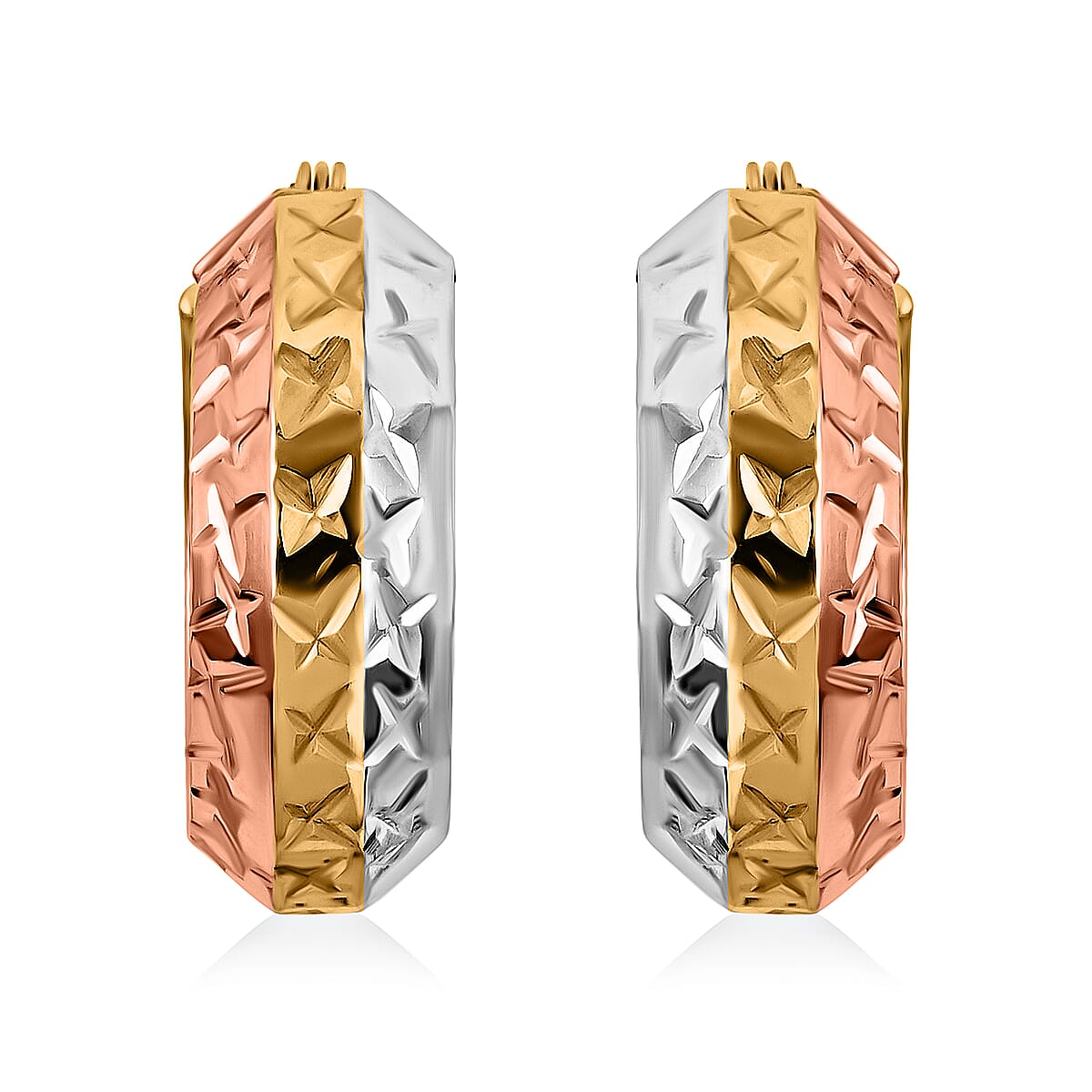 14K Yellow Rose Gold and Platinum Over Sterling Silver Diamond Cut Hoop Earrings 4 Grams