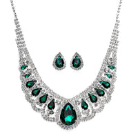 Simulated Green Sapphire and Austrian Crystal Earrings and Necklace 22 Inches in Silvertone