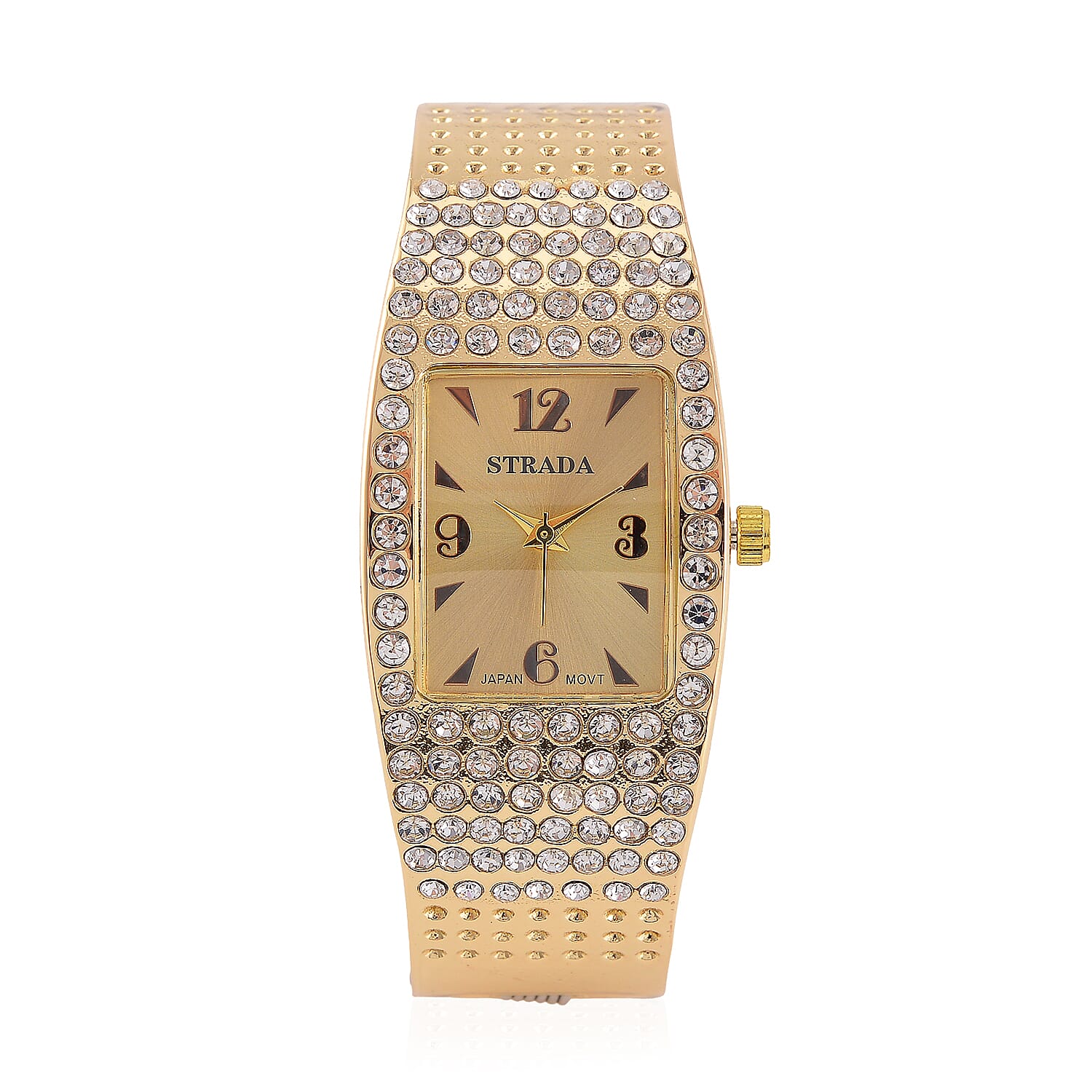 Strada Austrian Crystal Japanese Movement Bangle Watch in Goldtone and Stainless Steel Back