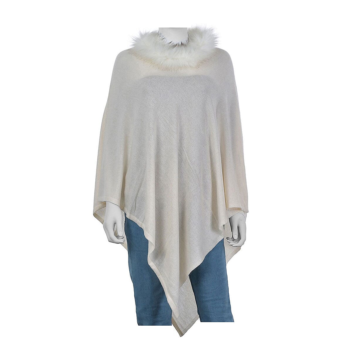 Black Pashmina Wool Poncho with Faux Fur Collar (One Size Fits Most, Cashmere) (1)