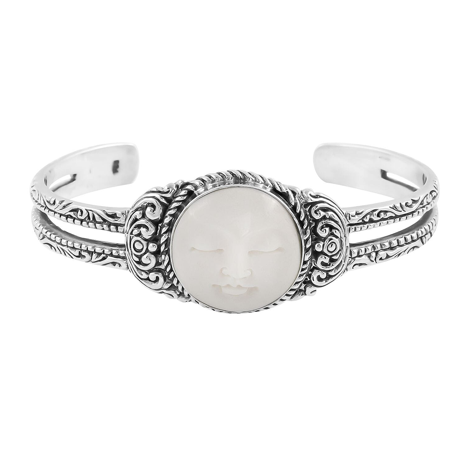 Bali Goddess Carved Bone Cuff Bracelet in Sterling Silver (7.25 In)