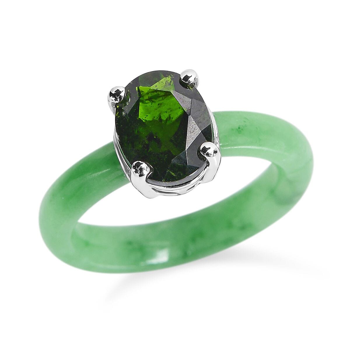 Natural Chrome Diopside and Green Jade Band Solitaire Ring in Rhodium Over Sterling Silver (Size 10.0) 11.00 ctw