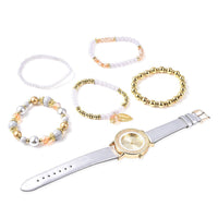 STRADA Japanese Movement Green Crystal Faux Leather Watch with Set of 5 Matching Green Chroma Stretch Charm Bracelets in Goldtone