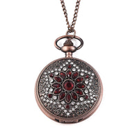 STRADA Red Glass, Austrian Crystal Japanese Movement Pocket Watch with Chain (31 Inches) in Rosetone