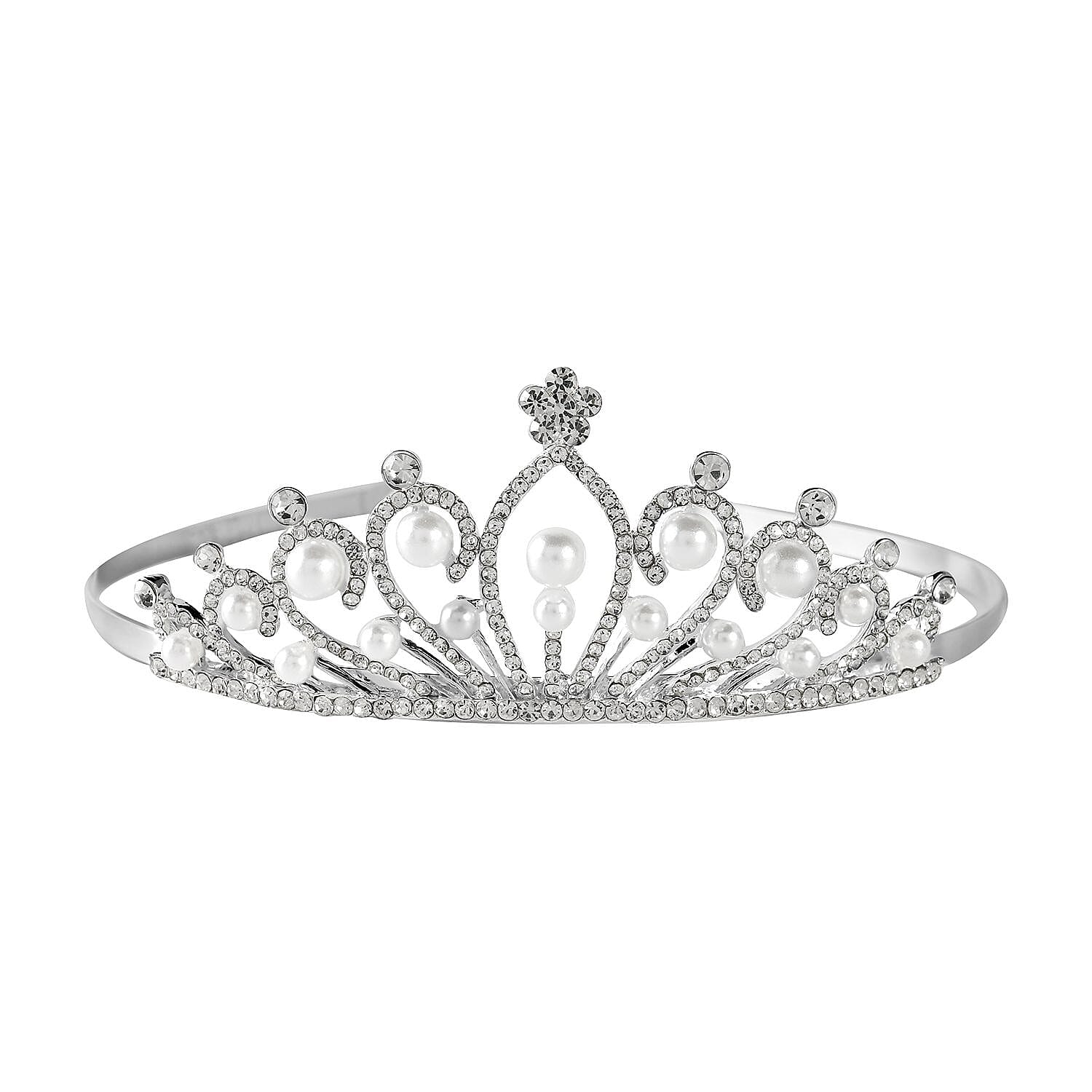 Doorbuster White Austrian Crystal, Pearl Beaded Crown Tiara in Silvertone