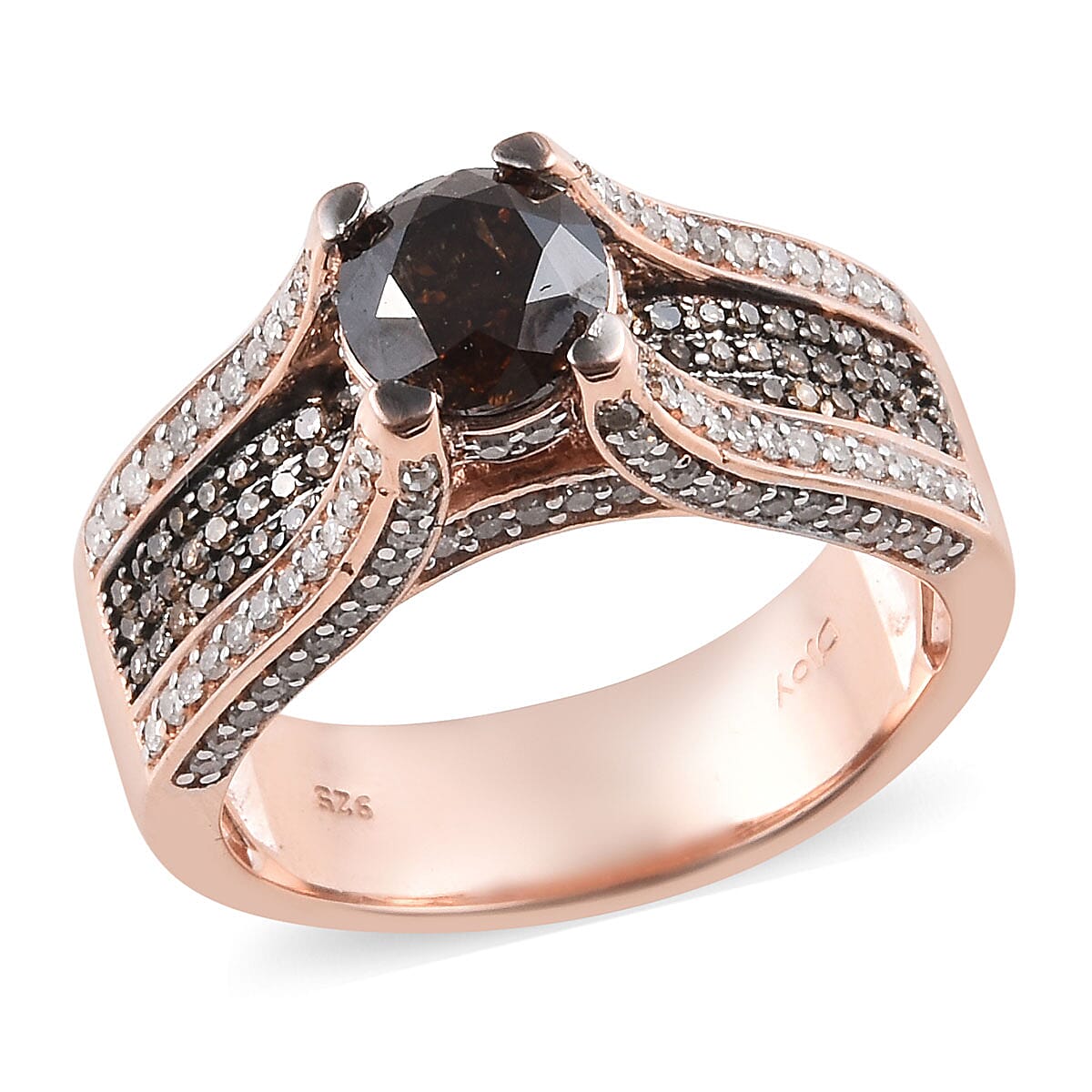 Natural Champagne Diamond and Diamond Bridge Ring in Vermeil Rose Gold Over Sterling Silver (Size 7.0) 8.80 Grams 2.50 ctw