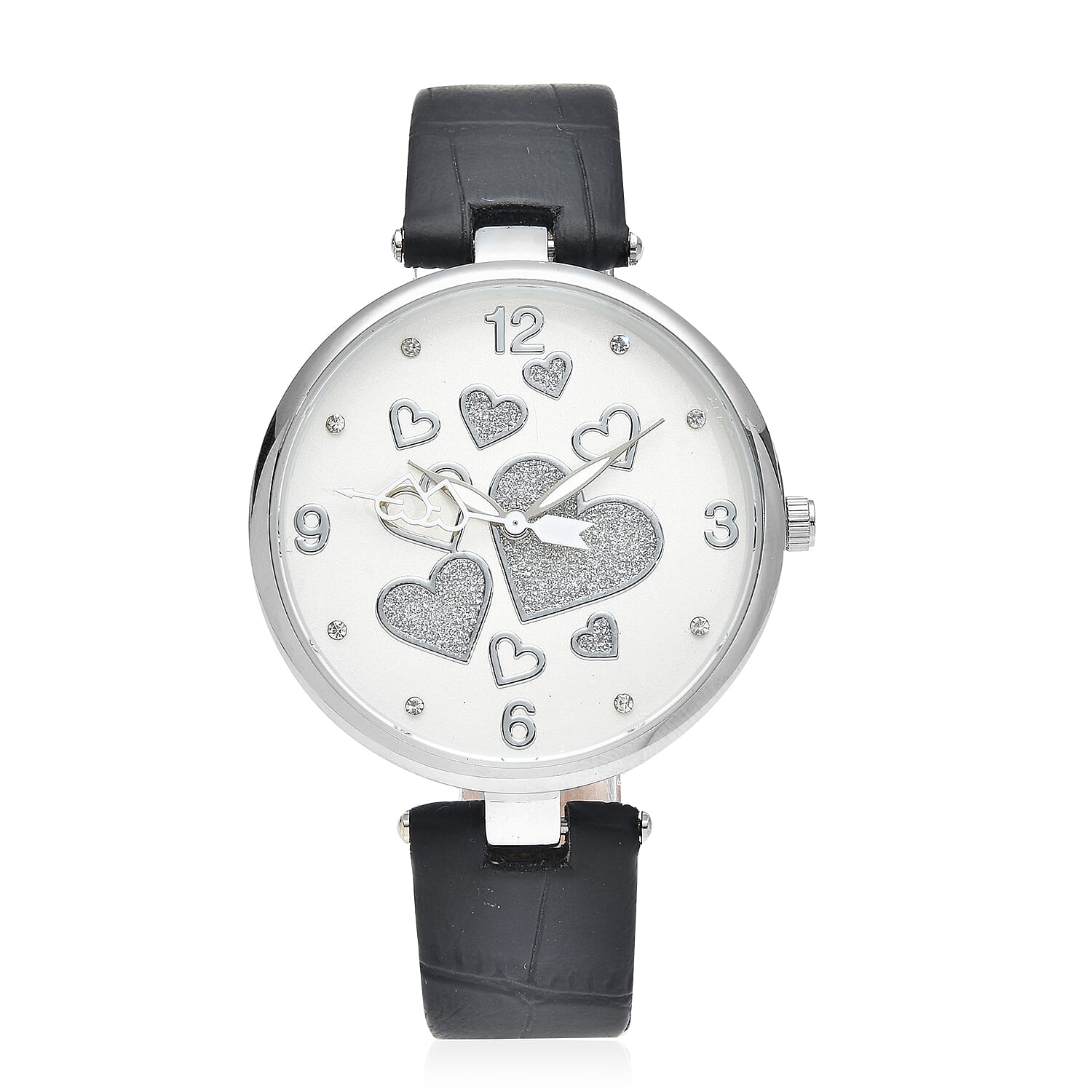 STRADA Austrian Crystal Japanese Movement Watch in Silvertone with Black Vegan Leather Strap