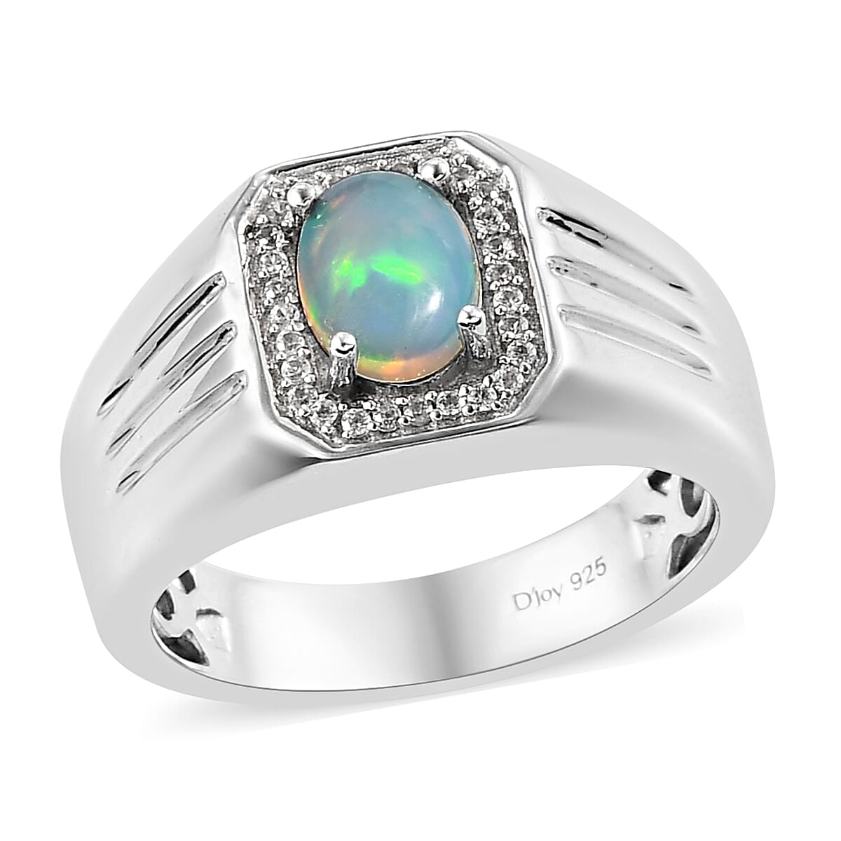 Ethiopian Welo Opal and Natural White Zircon Men's Ring in Platinum Over Sterling Silver 8.50 Grams 1.00 ctw