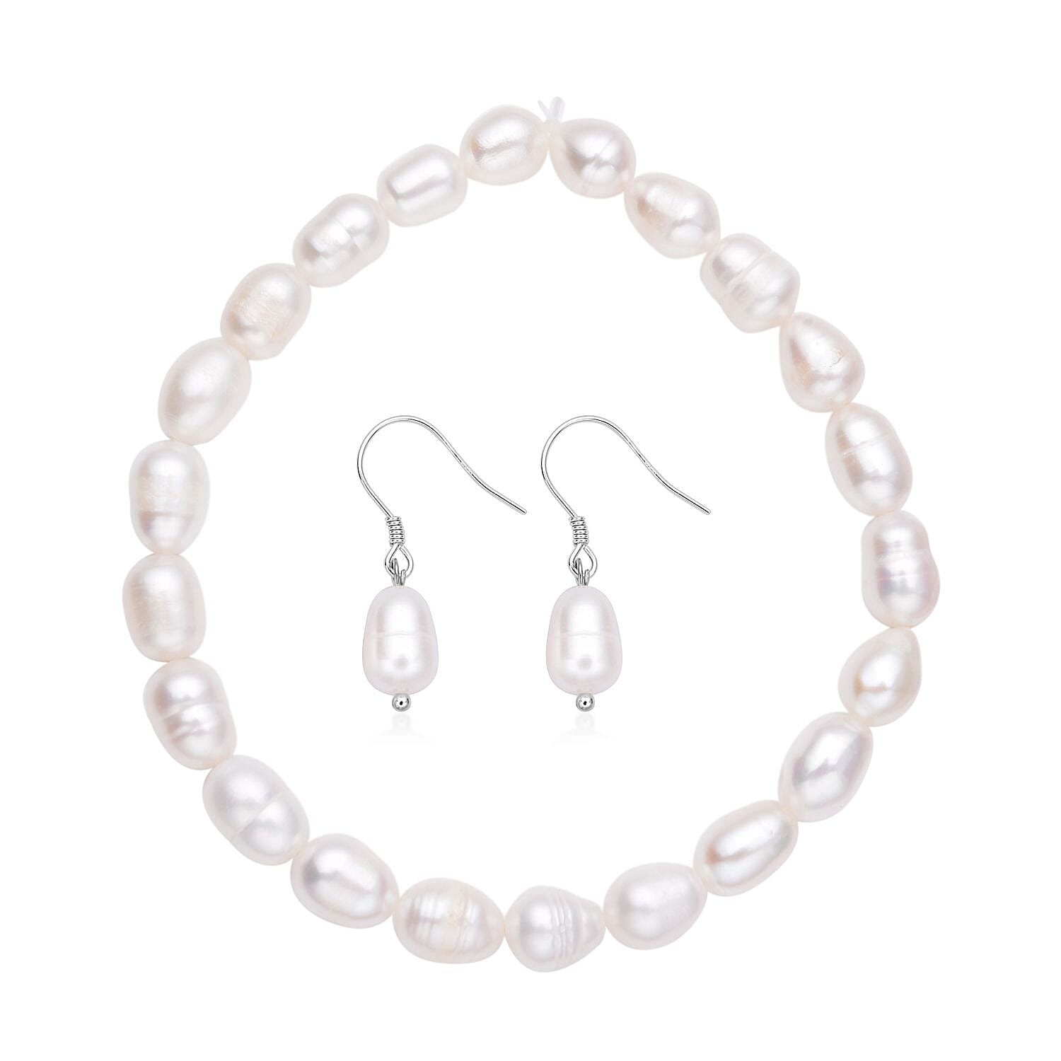 Freshwater Cultured Pearl Stretch Bracelet and Earrings in Sterling Silver