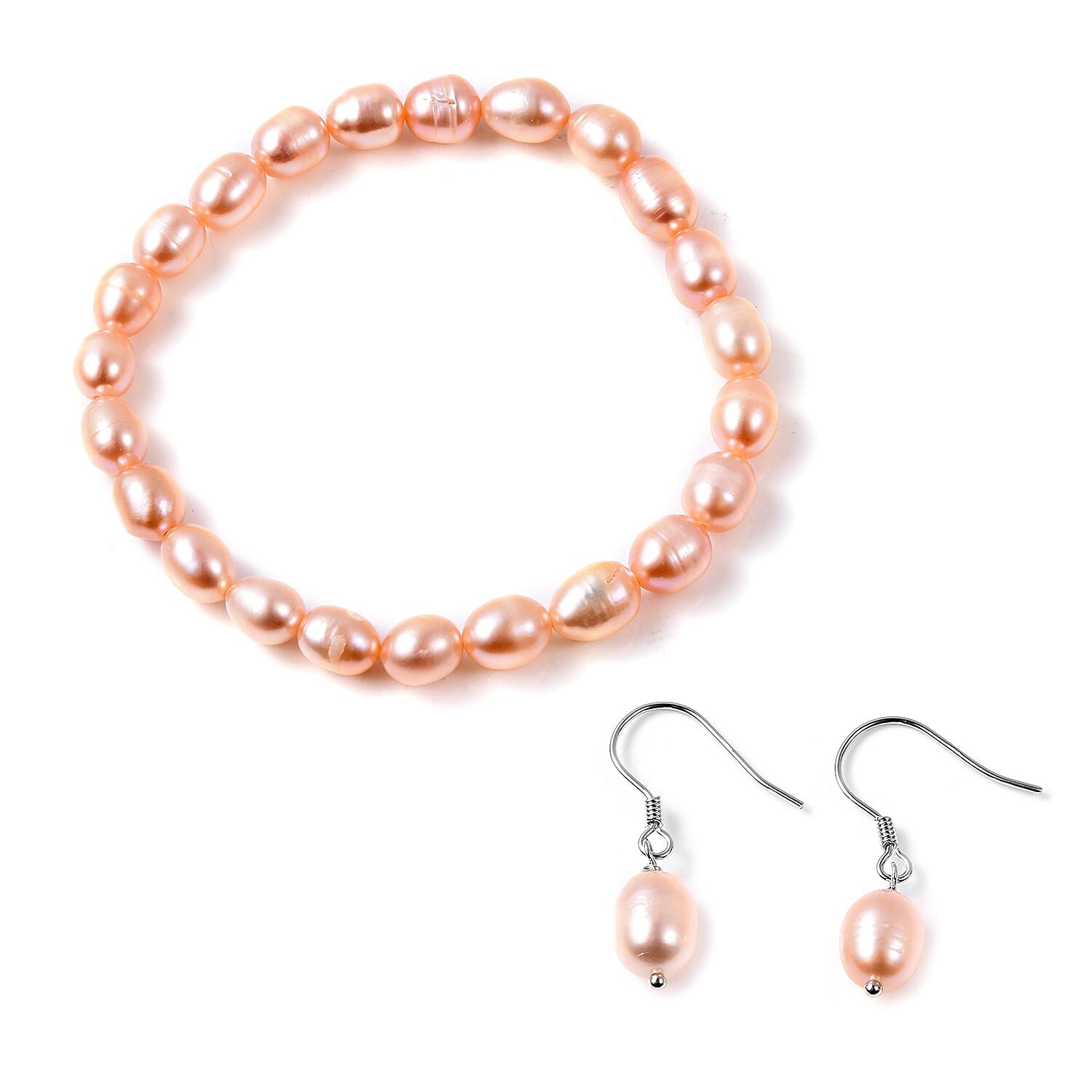 Freshwater Cultured Pearl Stretch Bracelet and Earrings in Sterling Silver
