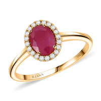 ILIANA 18K Yellow Gold AAA Ruby and Diamond G-H SI Halo Ring 3.34 Grams 1.50 ctw