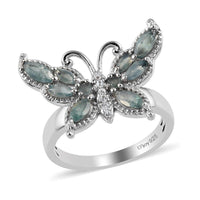 Narsipatnam Alexandrite and Natural White Zircon Butterfly Ring in Platinum Over Sterling Silver 1.10 ctw