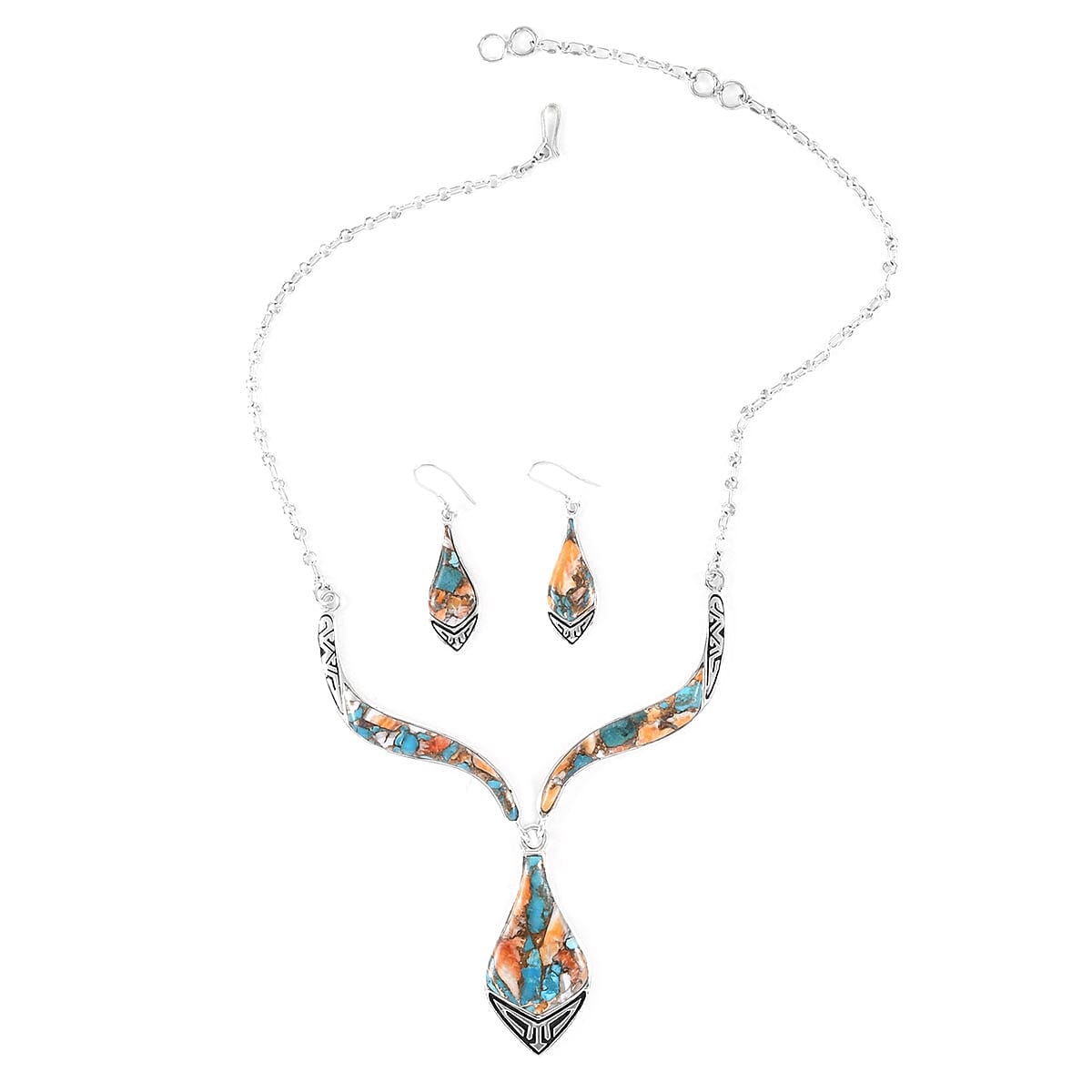 SANTA FE Style Kingman Turquoise Earrings and Necklace 16-18 Inches in Sterling Silver 39.4 Grams 22 ctw
