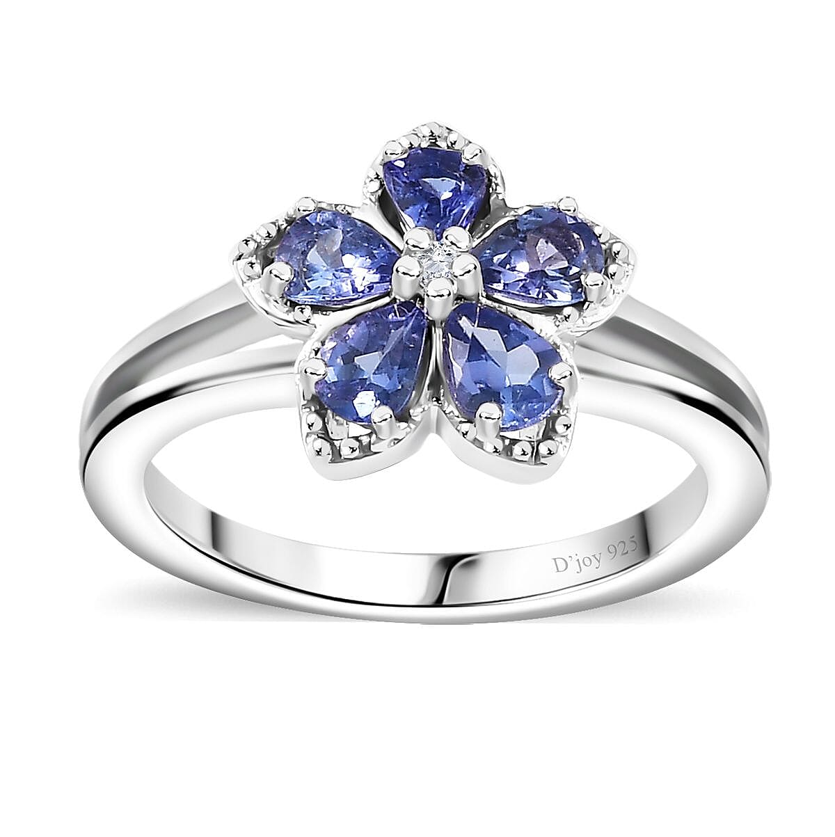 AAA Tanzanite and Natural White Zircon Floral Ring in Platinum Over Sterling Silver (Size 9.0) 0.85 ctw