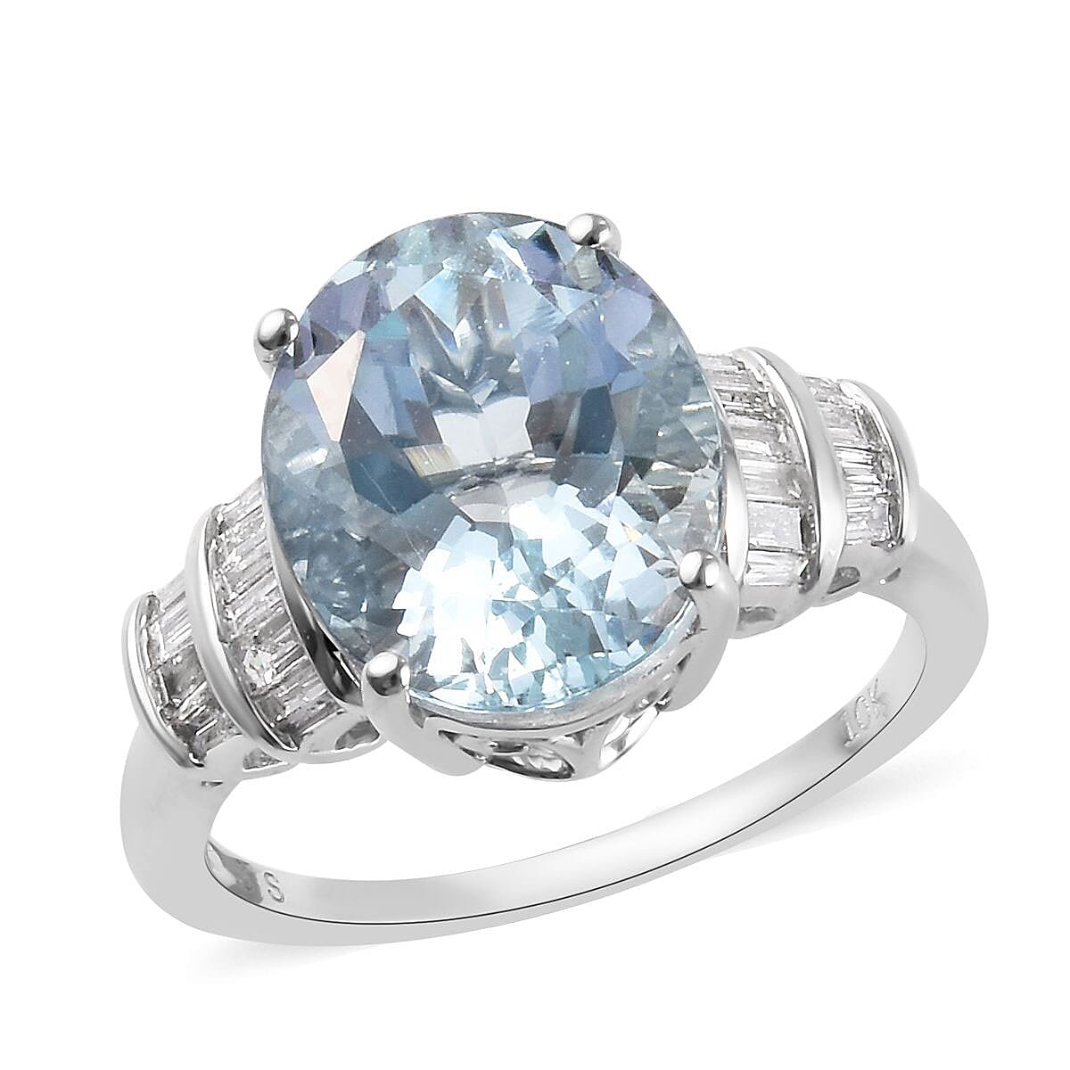 10K White Gold Espirito Santo Aquamarine, Diamond (G-H, I3) Ring (Size 8.0) (3 g) 4.35 ctw