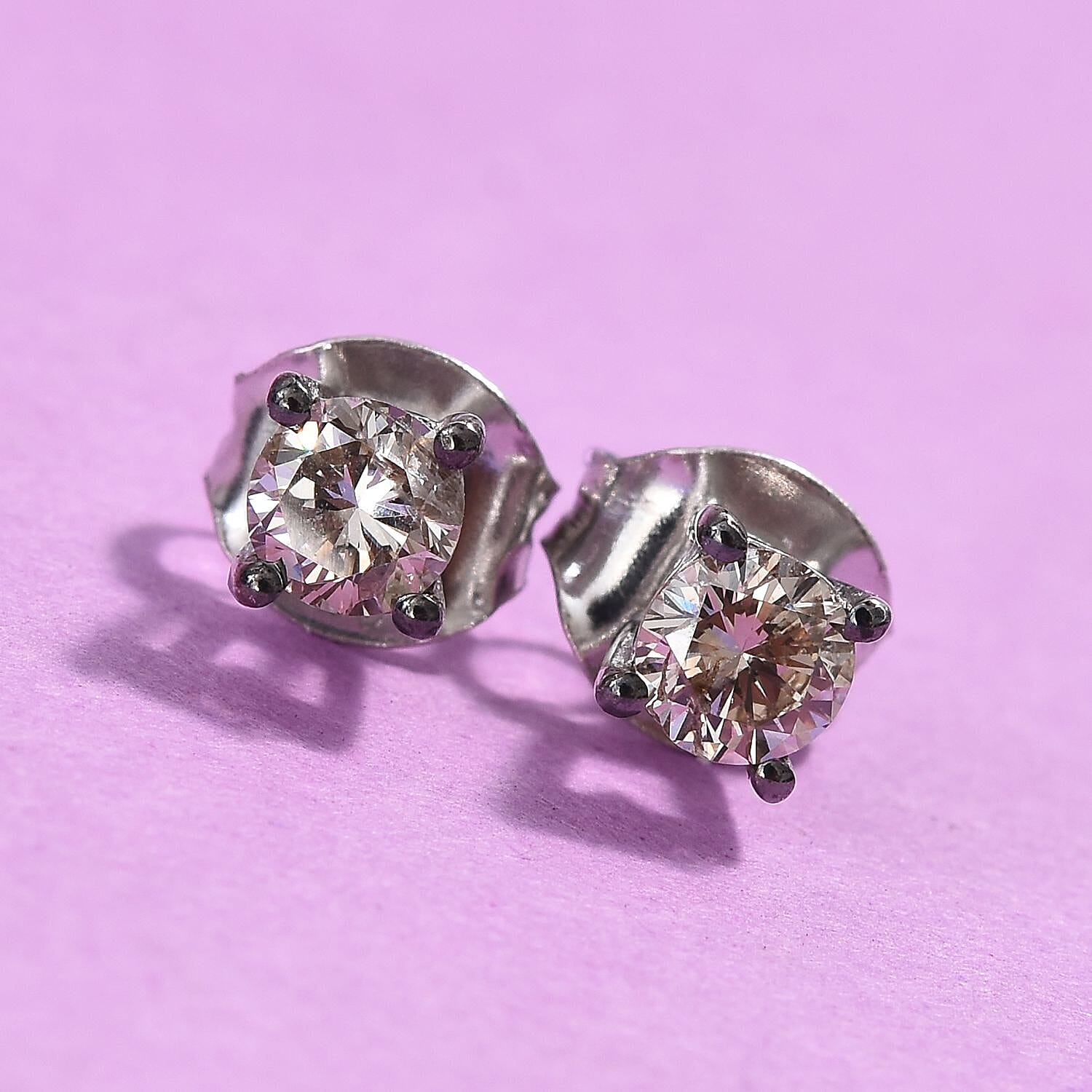 Natural Champagne Diamond Stud Earrings with Push Back in Platinum Over Sterling Silver 0.50 ctw