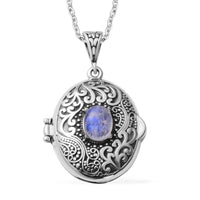 25 ctw White Moonstone Locket Pendant Necklace 24 Inches in Black Oxidized Stainless Steel