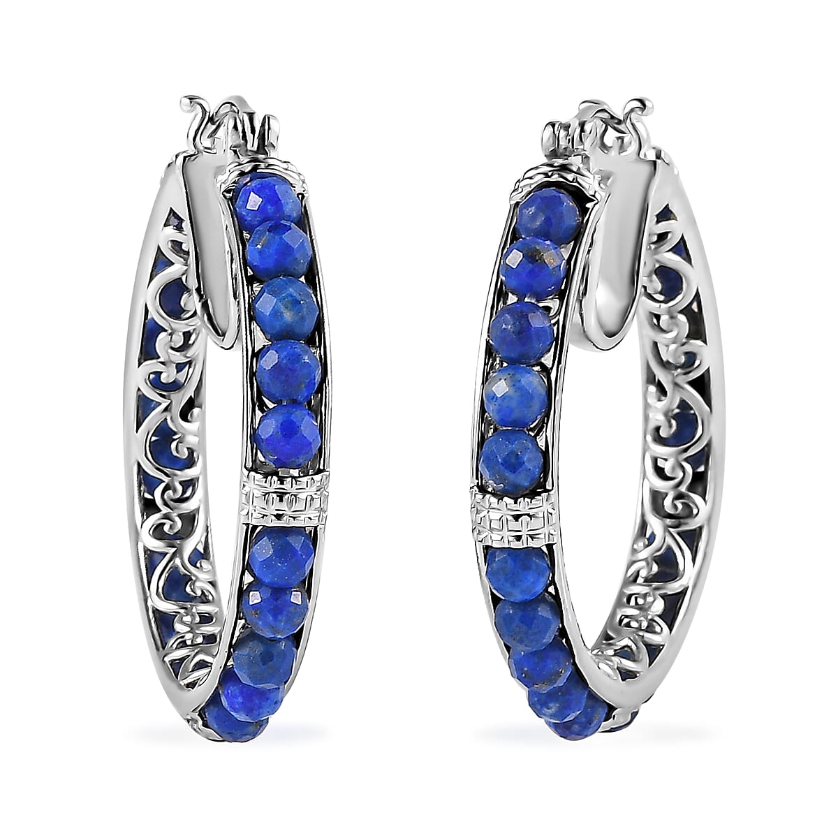 KARIS 18.60 ctw Lapis Lazuli Faceted Hoop Earrings in Platinum Bond