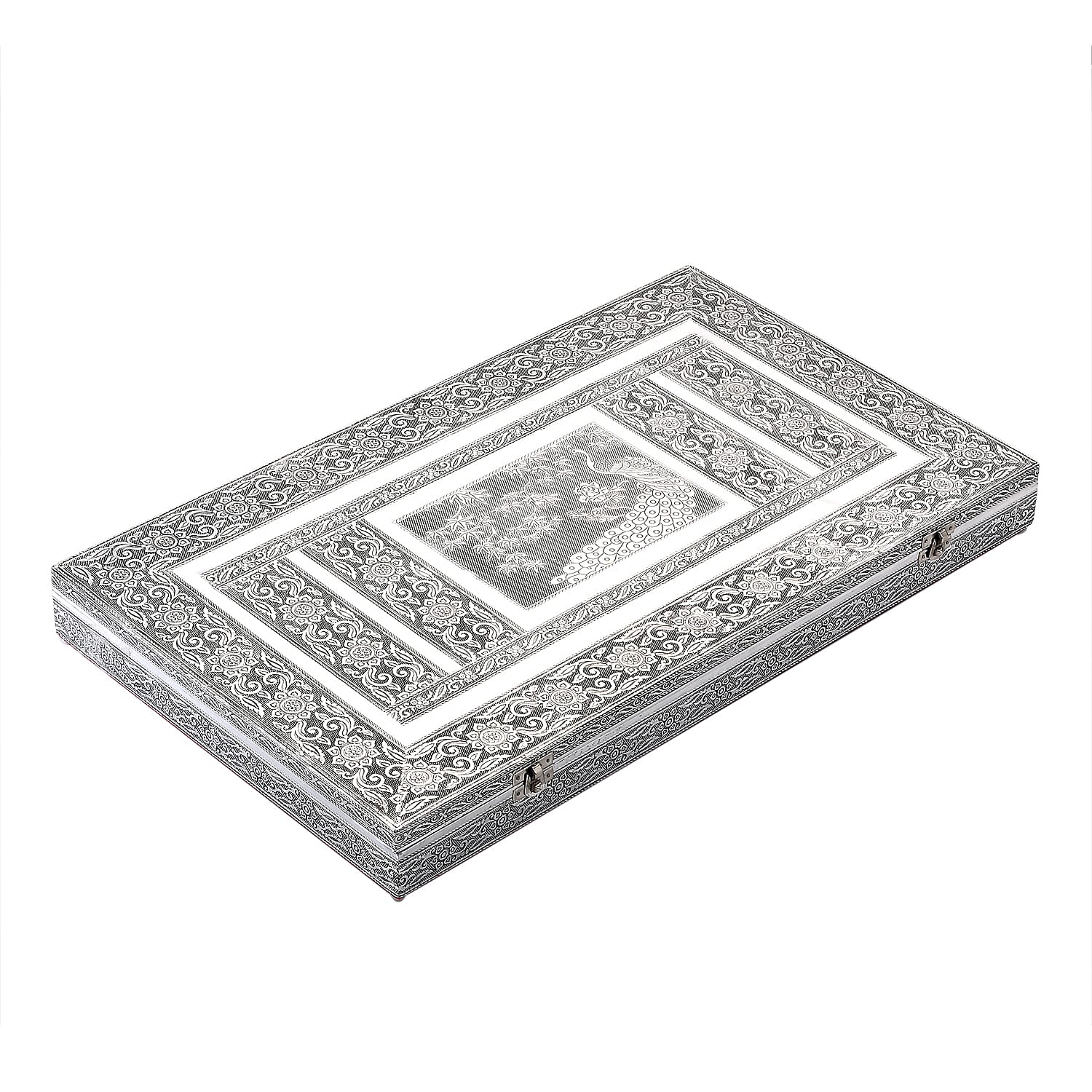 Handcrafted Peacock Embossed Oxidized Aluminum Large Jewelry Box (22""x13""x2"")