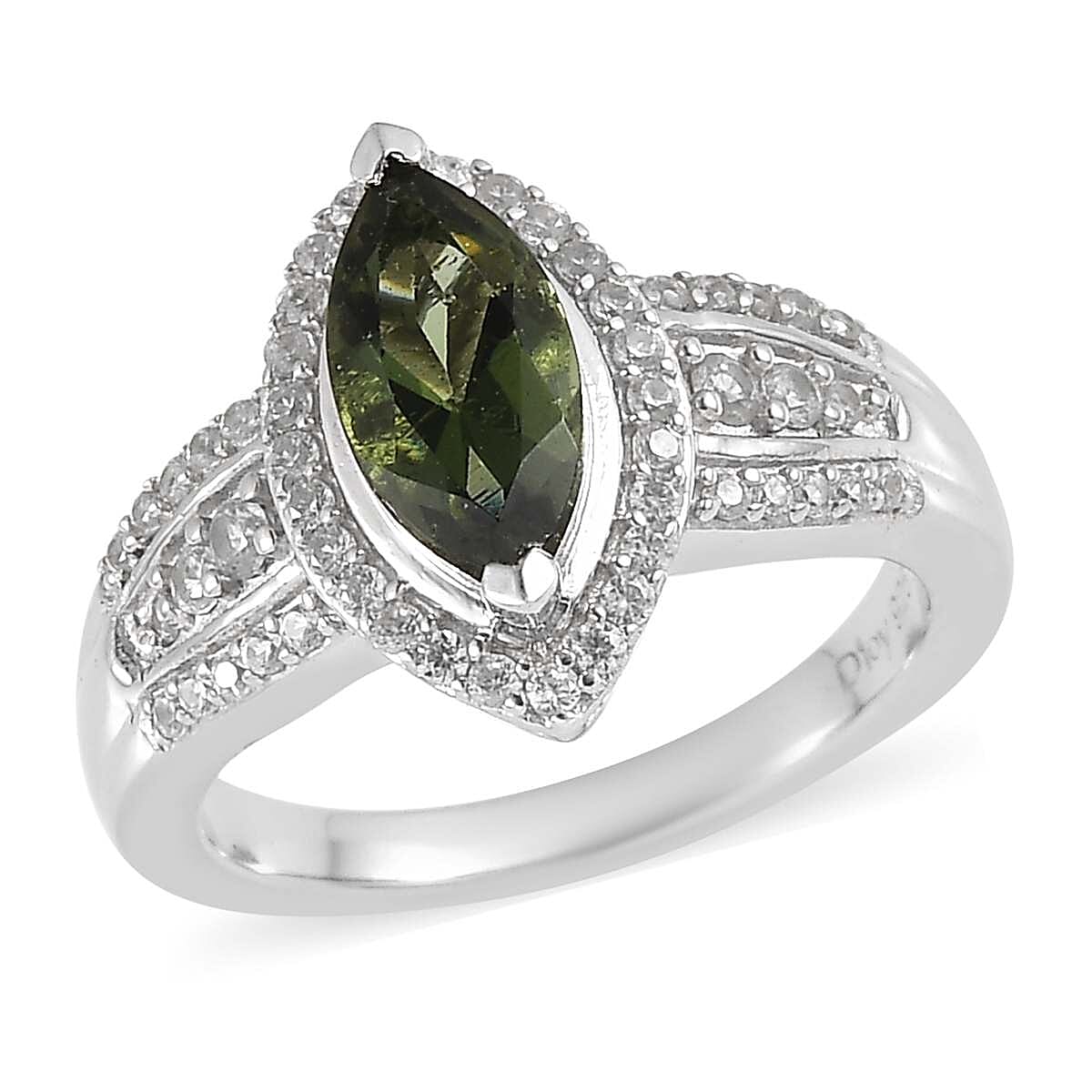 Bohemian Moldavite and Zircon Ring in Platinum Over Sterling Silver 1.40 ctw