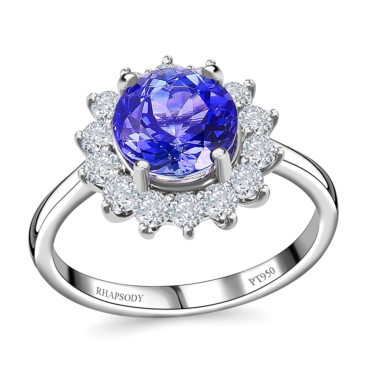 Appraised RHAPSODY 950 Platinum AAAA Tanzanite and E-F VS2 Diamond Sunburst Ring 5.65 Grams 2.75 ctw