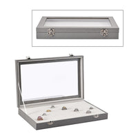 Silver Faux Leather Jewelry Organizer with Acrylic Window & Latch Clasp (72 Rings Slots) (11.5"x1.5"x7.25")