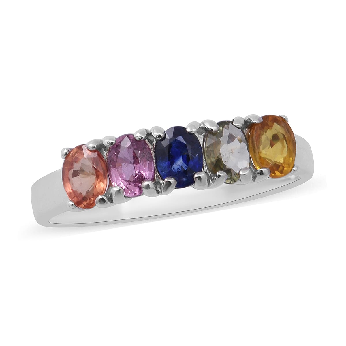 1.10 ctw Multi Sapphire 5 Stone Ring in Platinum Over Sterling Silver (Size 8)