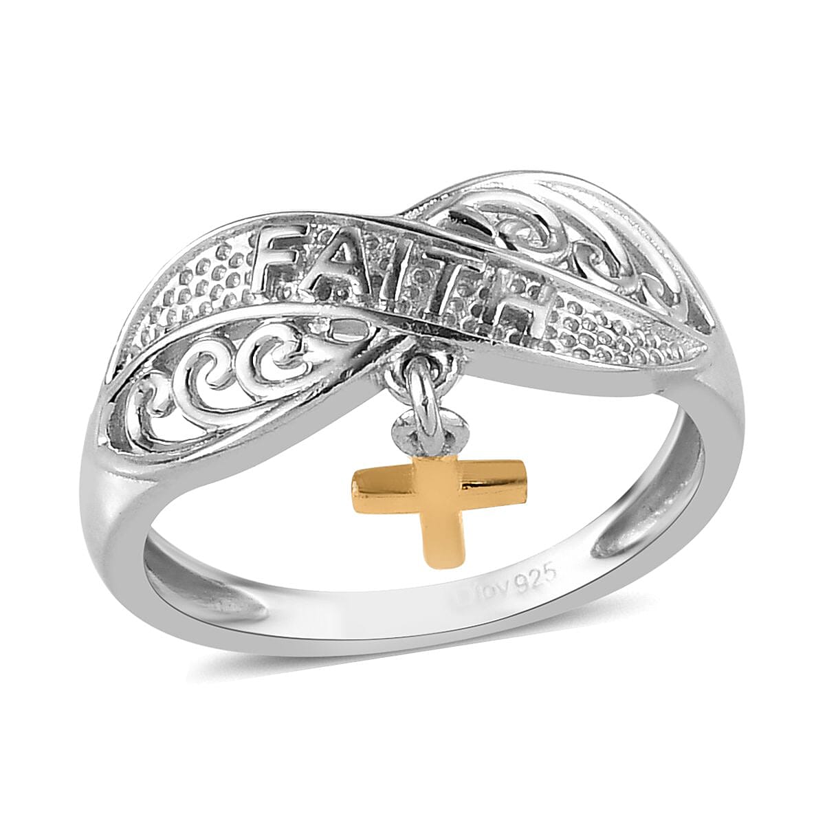 Cross Charm Ring in Vermeil Yellow Gold and Platinum Over Sterling Silver 2.40 Grams