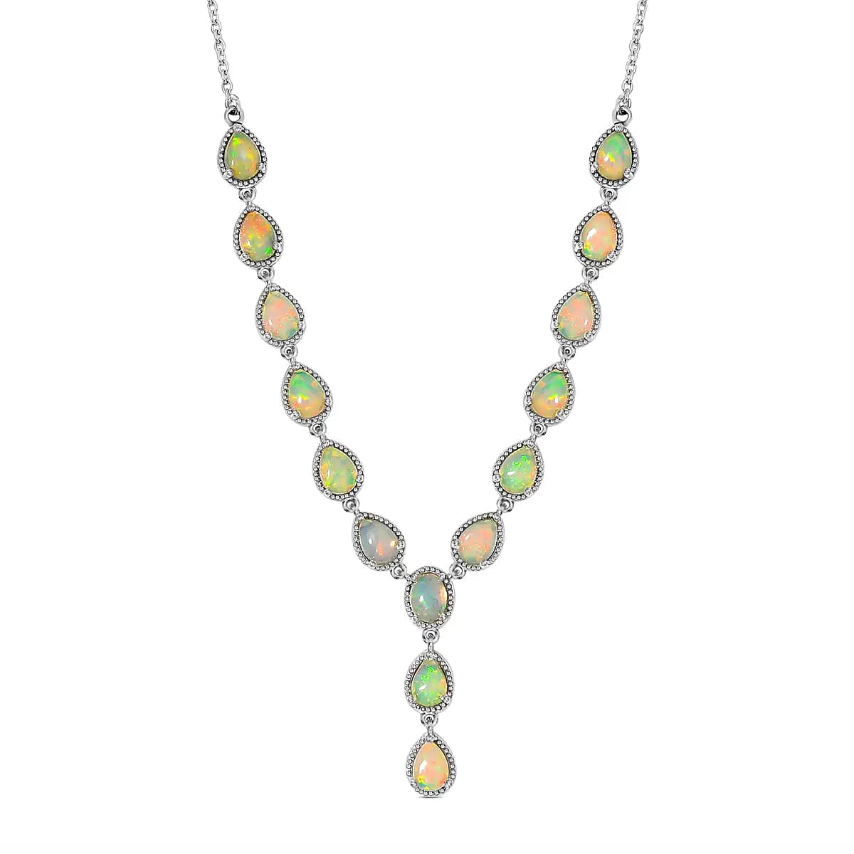 Premium Ethiopian Opal Necklace in Platinum Over Sterling Silver, Lariat Style, Welo Opal Jewelry (18 Inches) 7.50 ctw