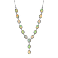 Premium Ethiopian Opal Necklace in Platinum Over Sterling Silver, Lariat Style, Welo Opal Jewelry (18 Inches) 7.50 ctw