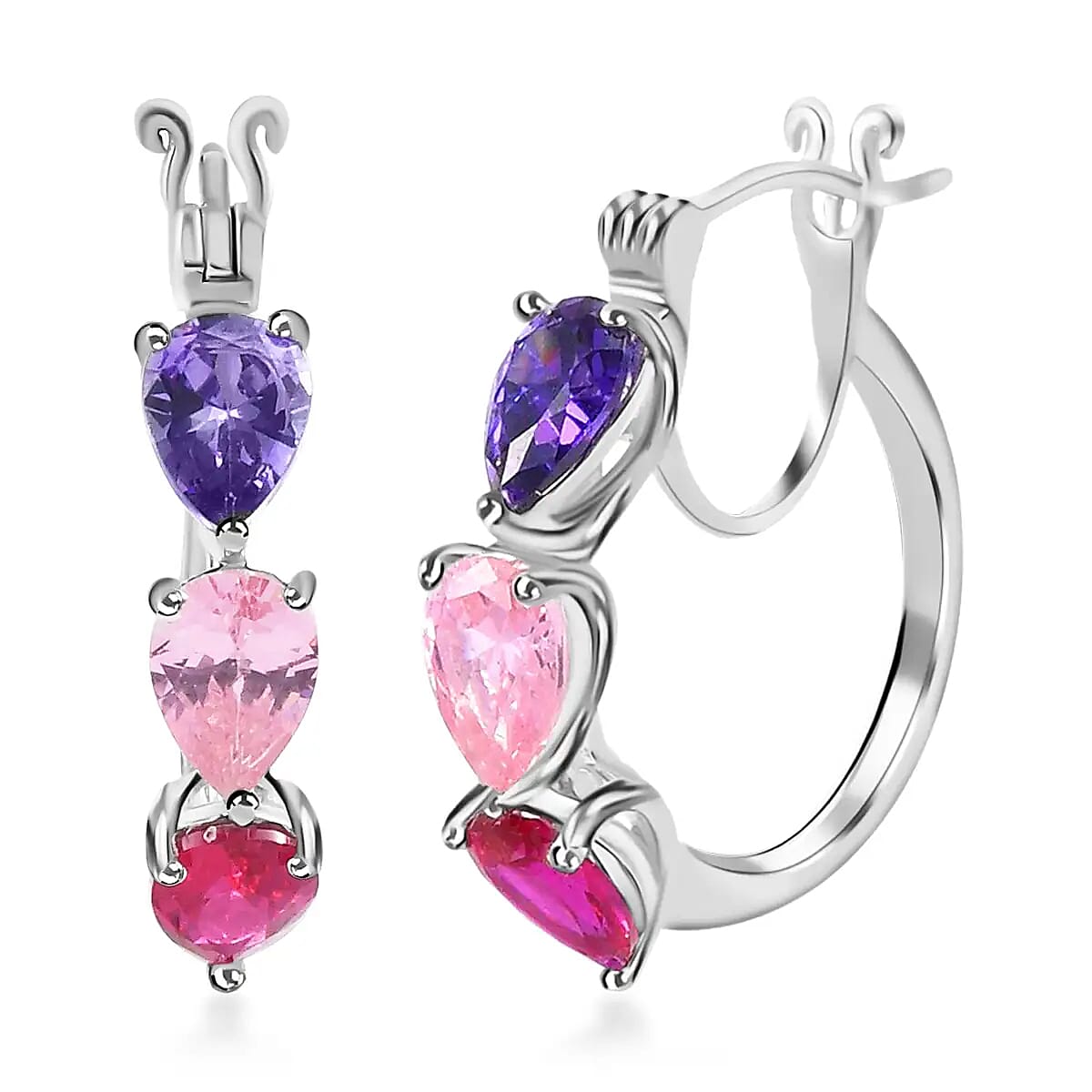 Simulated Multi Diamond Hoop Earrings in Sterling Silver, Silver Hoops For Women, Three Stone Jewelry 5.75 ctw