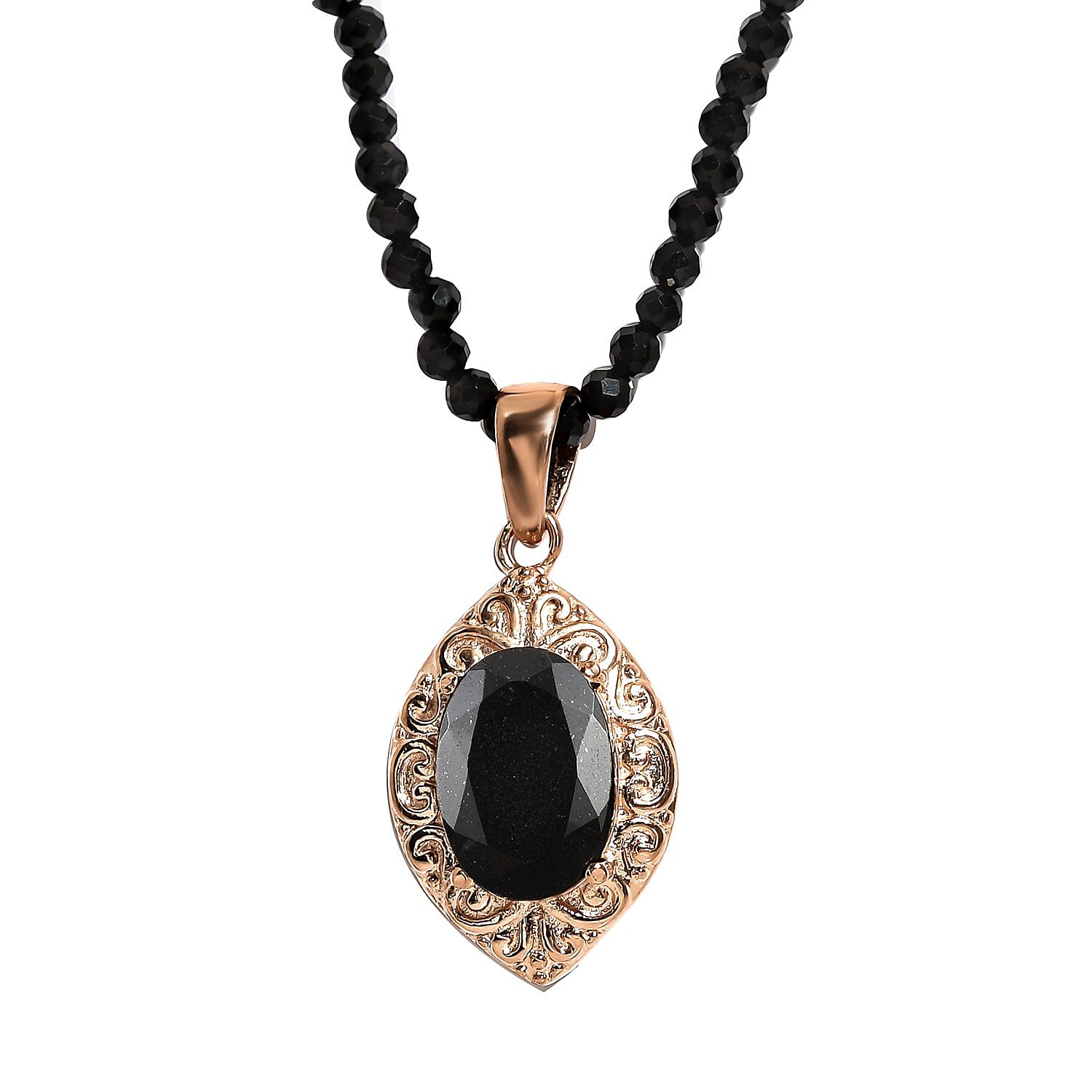 Australian Black Tourmaline Pendant with Black Quartzite Beaded Necklace 20 Inches in ION Plated Rose Gold Steel and Stainless Steel 66.65 ctw