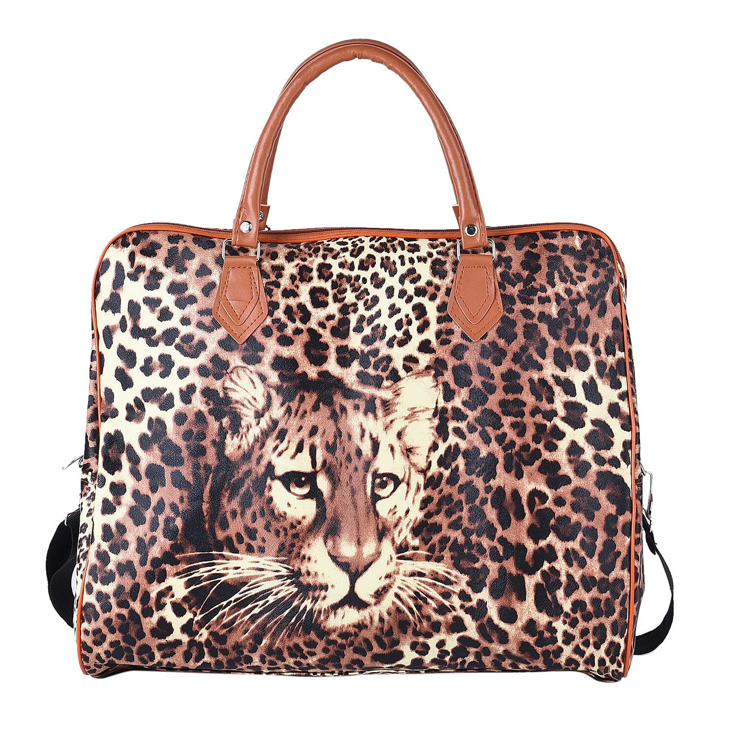 TLV Black and Brown Leopard Pattern Tote Bag (16.93"x7.87"x14.96") with 40" Shoulder Strap