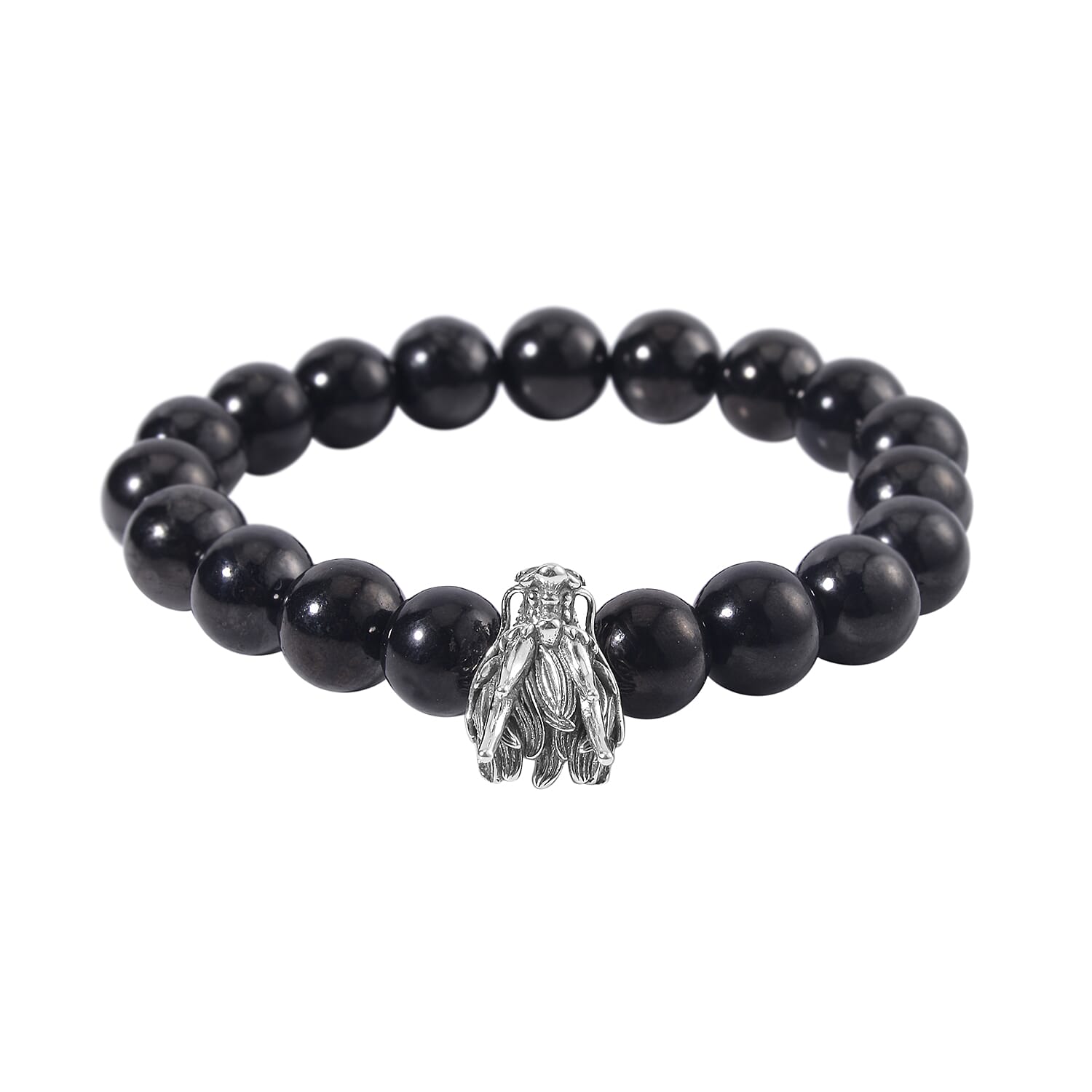 Shungite Beaded Stretch Bracelet with Dragon Charm in Black Oxidized Sterling Silver 133.50 ctwc