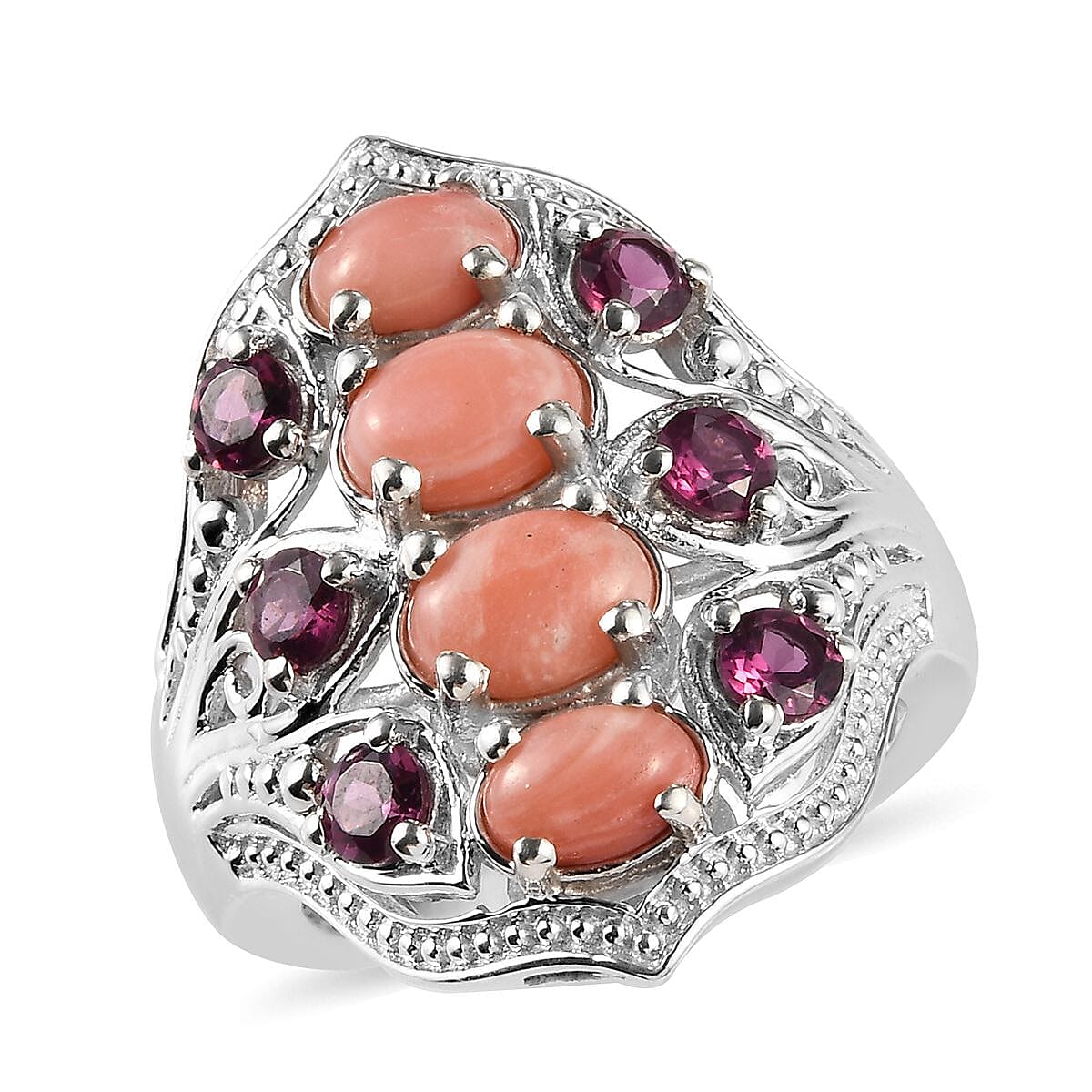 3.20 ctw Oregon Peach Opal and Orissa Rhodolite Garnet Ring in Platinum Over Sterling Silver (Size 9.0)