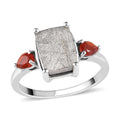 Marvelous Meteorite and Mexican Fire Opal 3 Stone Ring in Platinum Over Sterling Silver 0.25 ctw - Sticky add to cart bar