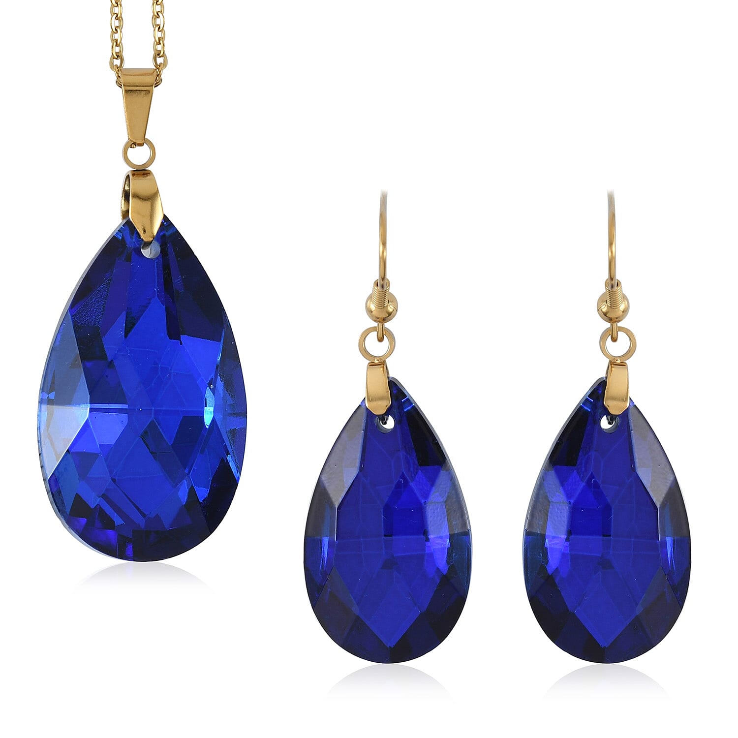 Simulated Blue Sapphire Earrings and Pendant Necklace 20 Inches in ION Plated Yellow Gold Stainless Steel